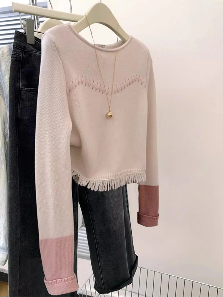 Tassel Knitted Sweater Women Fashion Round Neck Pullover Sweater 2025 Autumn Winter Casual Chic Tops