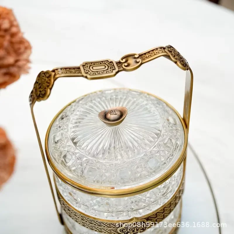 Chinese brass crystal glass basket storage double storage box light luxury home living room fruit plate ornament