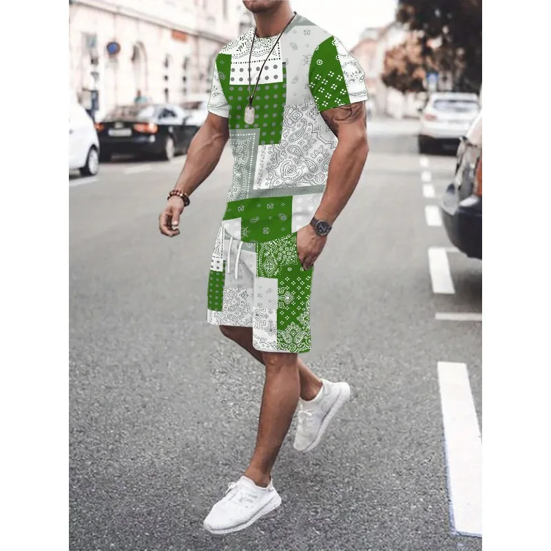 2025 Summer Men's Casual 3D Digital Printed 2-piece Set Short Sleeve Round Neck T-shirt Sports Shorts Outdoor Wear