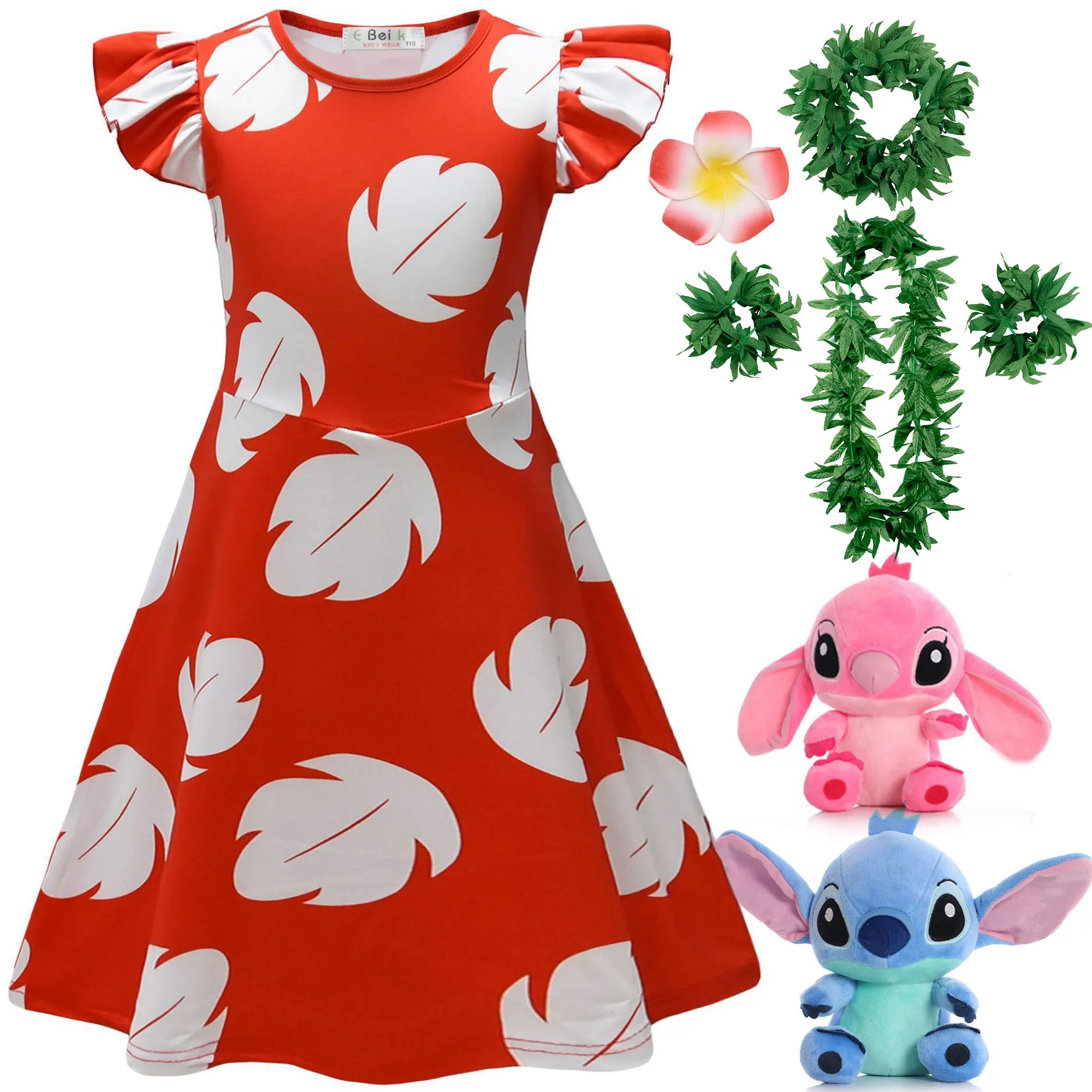 

2025 Disney New Classic Lilo&Stitch Lilo Leaf Costume For Girl Cosplay Princess Dress Hawaiian Beach Play Dress Stitch Doll Set