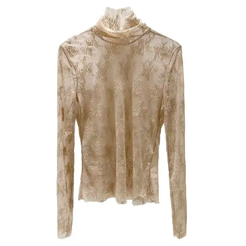 Sexy Women Long Sleeve Lace Blouses High Collar Inner Wear Lace Crochet T Shirt Base Tunic Top Perspective Vintage Bottom Blouse