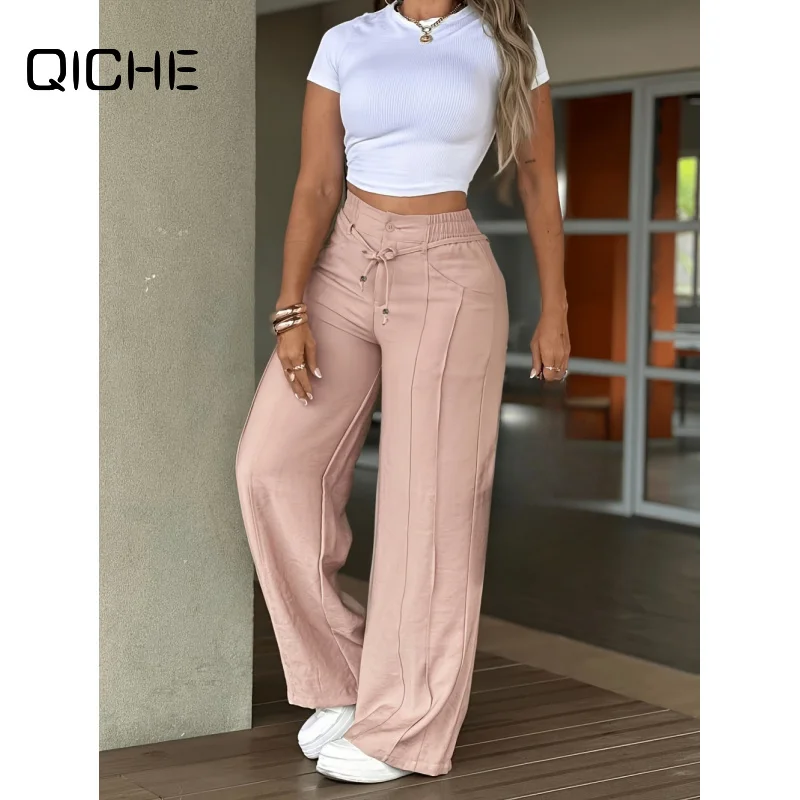 QICHE New Cargo Pants Women Loose‑Cut Drawstring‑Craft Multi‑Pocket‑Detail Wide‑Leg Straight‑Leg Daily Bottoms