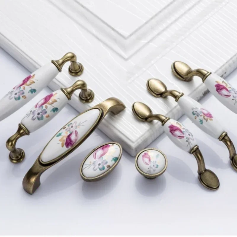 1PCs Vintage Ceramic Knob Metal Retro Handle Pull Button Ceramic Cabinet Knobs Handles China Flower Furniture Hardware