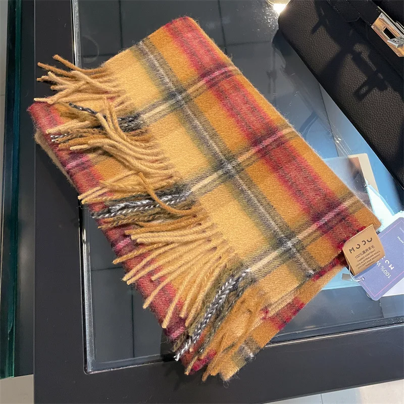 

100% Wool Winter Scarf for Women Men Autumn Korean Fashion Warm Thick Check Scarf Women's Plaid Scarf Neck Warmer