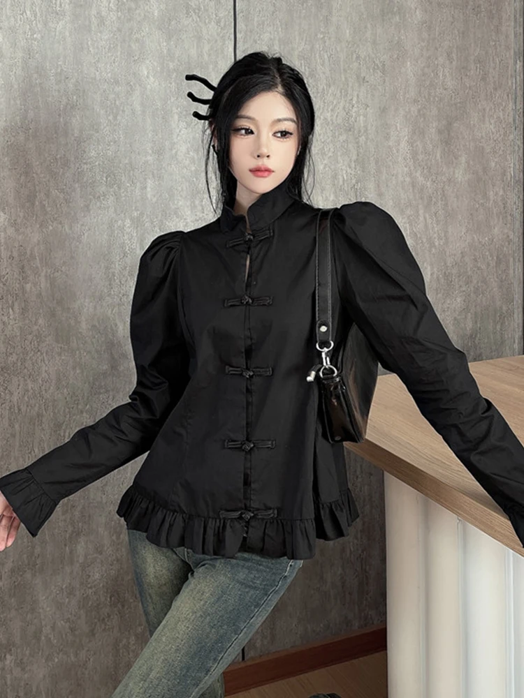 Sonneesd Herfst Nieuwe Chinese Stijl Pak Chinese Stijl Retro Losse Effen Kleur Full Puff Mouw Knoop Gerimpeld Oud Shirt