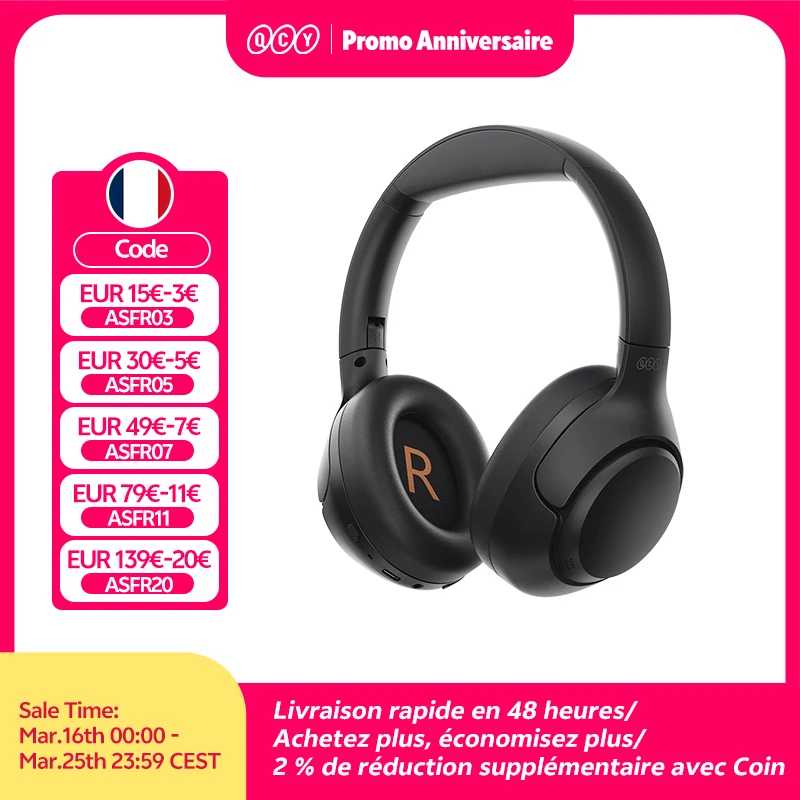 QCY-Casque sans fil H3 ANC, Bluetooth 5.4, audio haute résolution, casque sur l'oreille, hybride 43dB, suppression active du bruit, écouteurs 60H