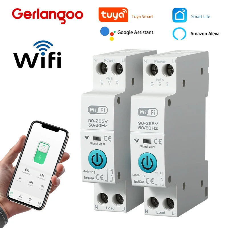 Tuya WiFi Smart Circuit Breaker MCB 1P+N 63A Timer Power Energy kWh Voltage Current Meter Protector Voice Remote Control Switch