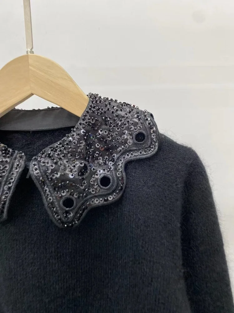 

MaSandeS Bla Lace Collar Knitted Sweater Autumn New Sle Women's Street Sle Long Sve Loose Fit Comfortable Knitwear