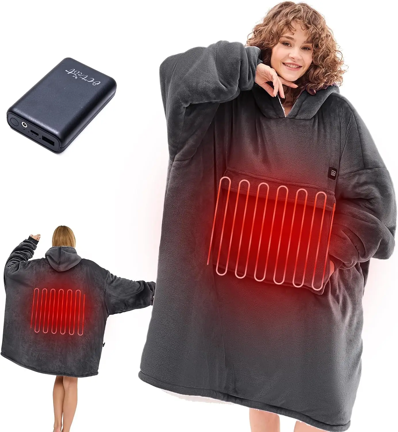

Heated Hoodie Blanket, Wearable Electric Heating Oversized Portable Cordless with 3 Settings and Power Bank, Grey
