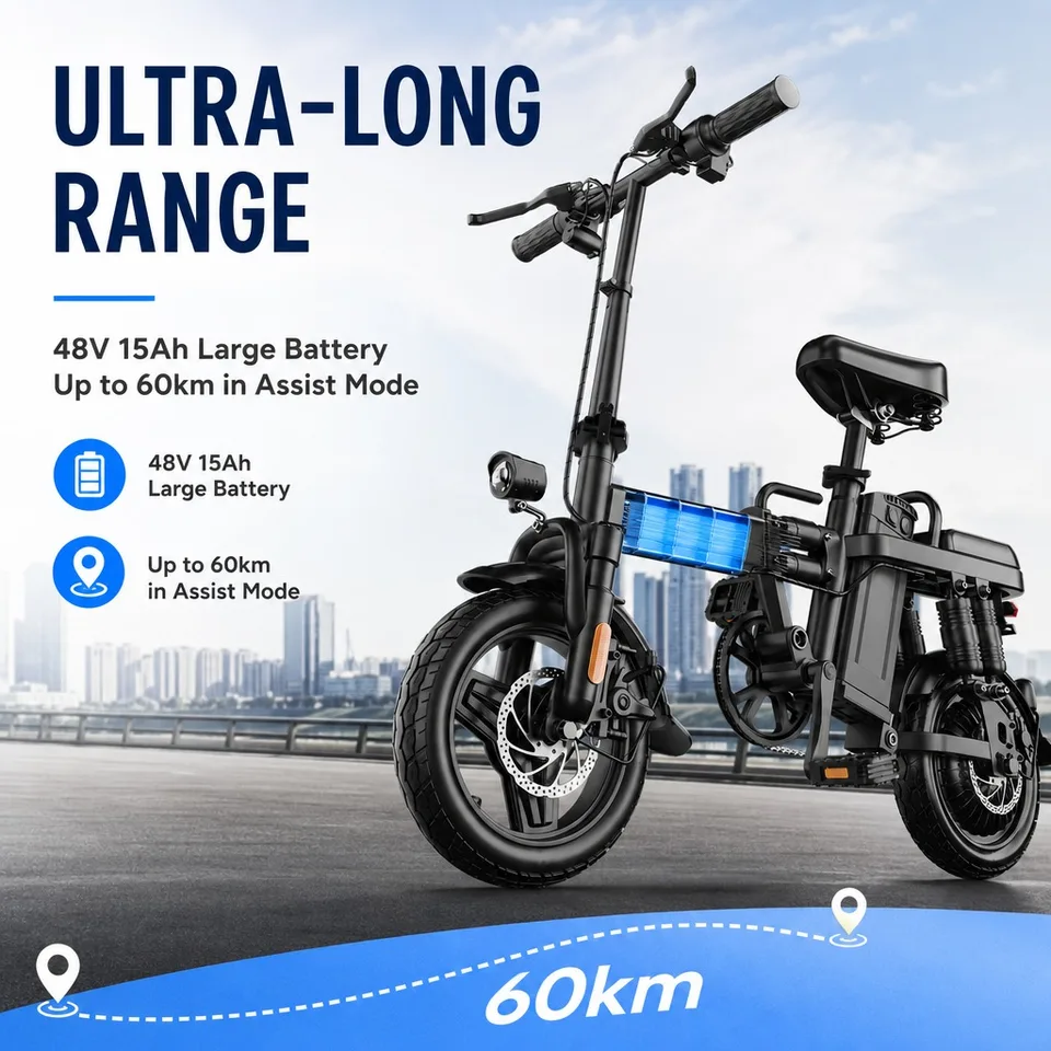Folding Electric Bike 14" 48V 15Ah, 60km Range 43km/h Commuter E-bike, Dual Disc Brakes 150kg Load Portable Bicycle with Front Basket image 7