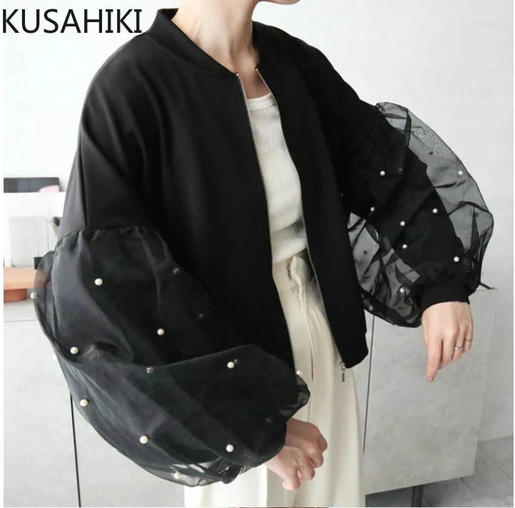 KUSAHIKI New Nail Bead Mesh Splicing Long Sleeve Women\'s Baseball Jacket Pearl Fashion Causal Zipper Round Neck Coat