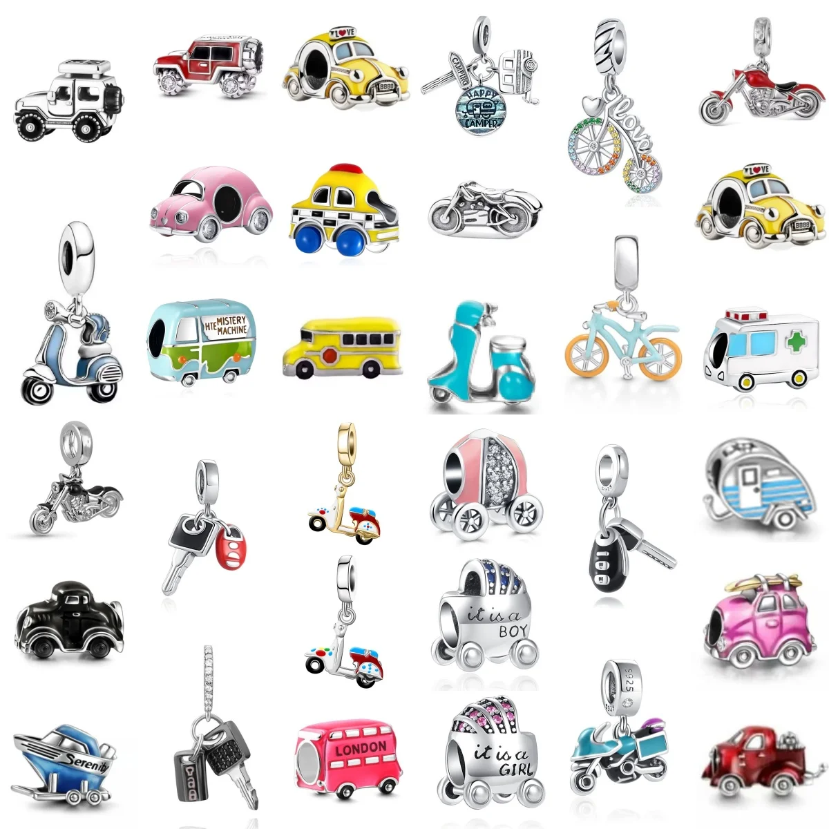 Fashion 925 Silver Electric Car, Bus, Motorcycle, Jeep, Ambulance Pendant, Fit European Bracelet DIY Charm Jewelry Accessories