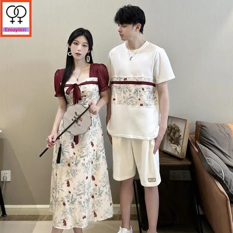 Matching Couple Clothes 2024 Holiday Honeymoon Summer Outfit Date Girls Female Male Lovers Retro Couple Long Bow Tie Shirt Dress