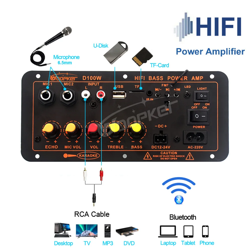 Scheda amplificatore Bluetooth Woopker D100W Max 300W 220V/12V/24V supporto amplificatore digitale doppio microfono lettore MP3