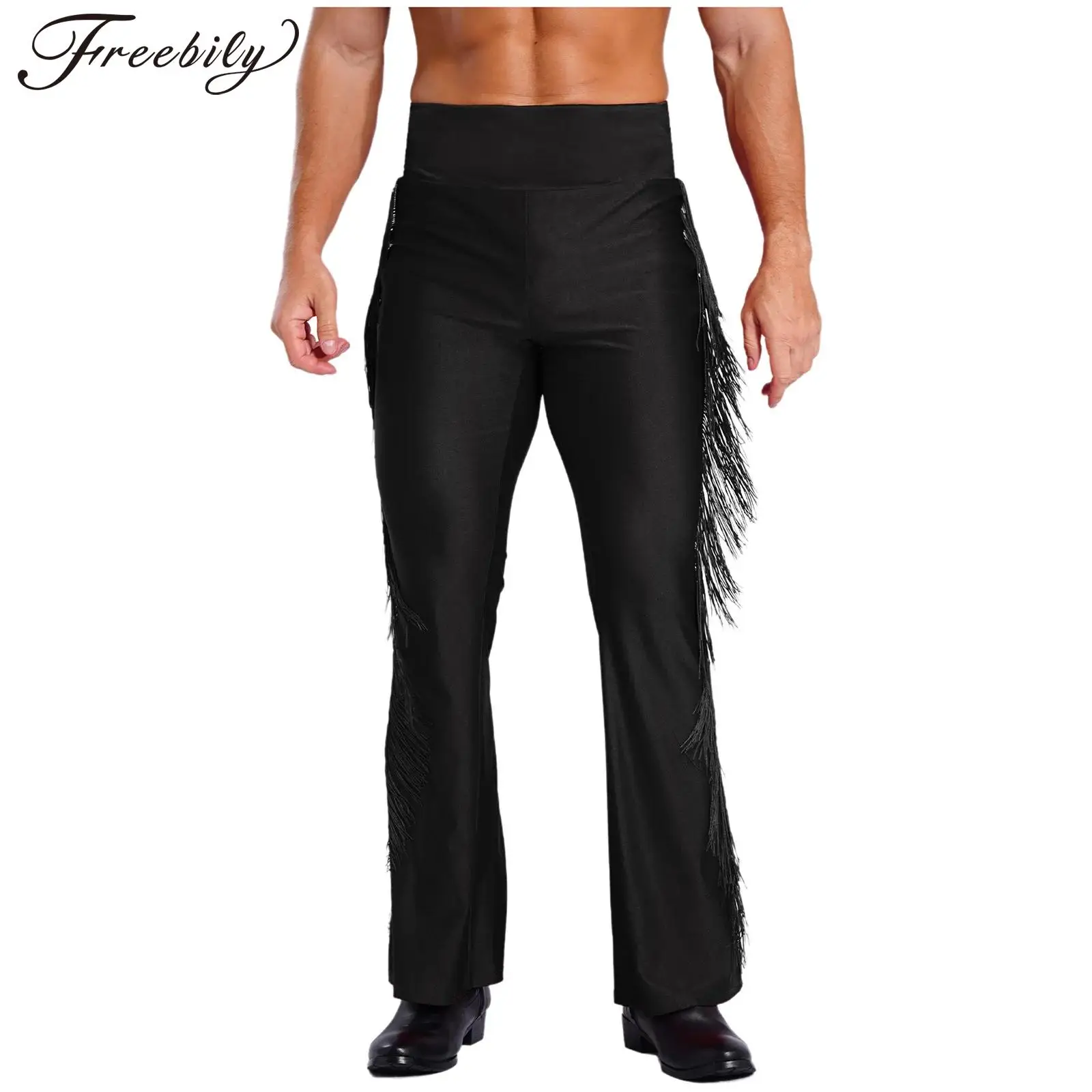 Mens Tassel Flared Pants Vintage Bell-Bottom High Waist Trousers for Jazz Latin Dance Stage Performance Club Disco Party Costume