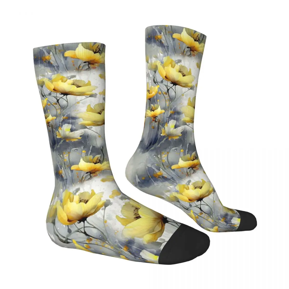 Yellow Ink and Wash Flowers Socks Male Mens Women Autumn Stockings Harajuku