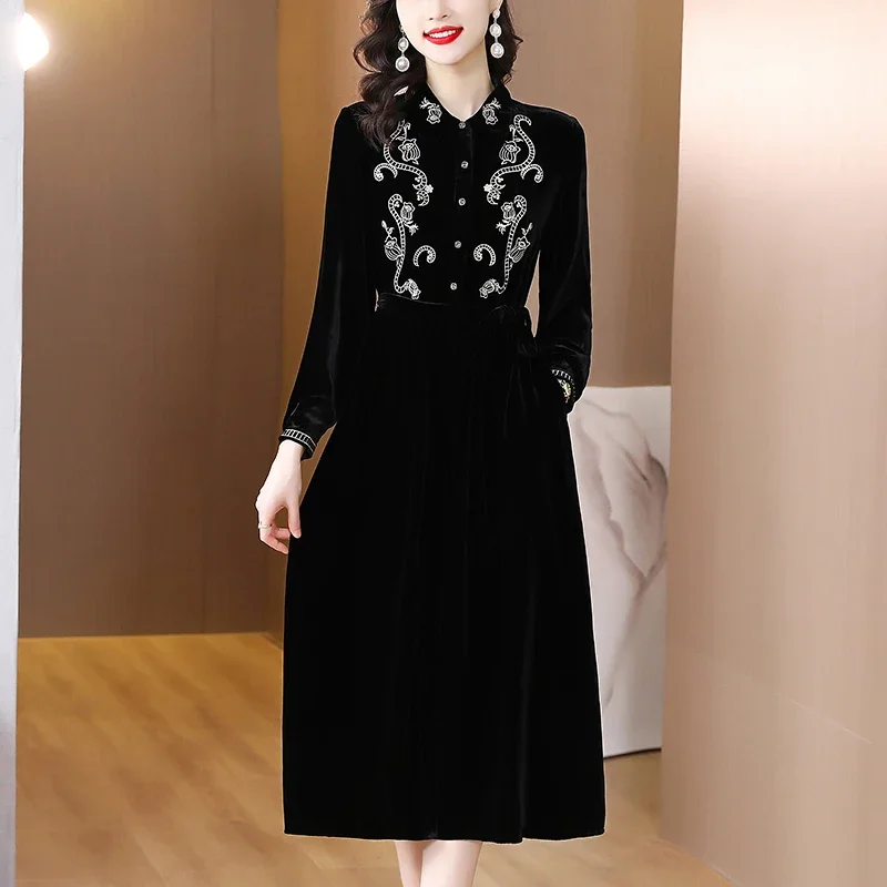 

2022 Spring Fall Women Embroidery Green Wine Red Black High Waisted Velvet Dress , Woman Clothes 3xl 4xl Velour Dresses