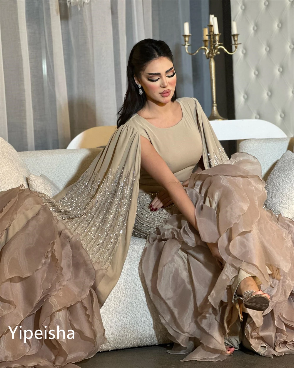 CustomizedSaudi Arabia  Evening Jersey Beading Pleat Ruched Wedding Party A-line O-Neck Bespoke Occasion Gown Long Dresses