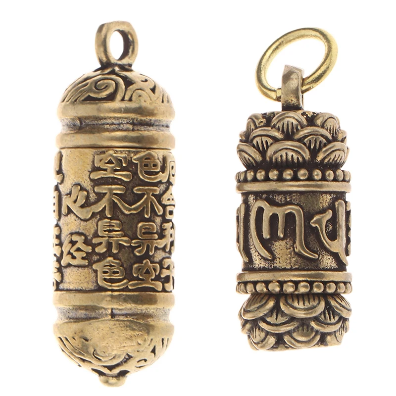 1Pc Hollow Brass  Bottle Sutra Cylinder Pendant Keychain Handmade Vintage Pill Box Container Bottle