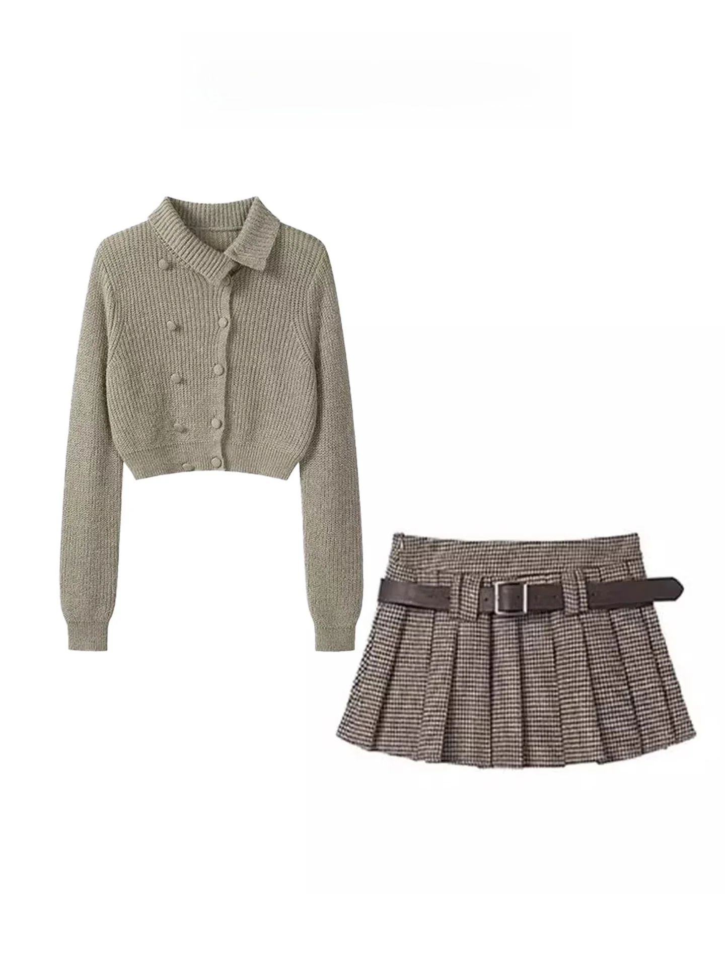 

Korean College Sle Women's Autumn Winter ort Knitted Sweater Skirt Set High Waist Plaid Micro Elastic Long Sve Faion...