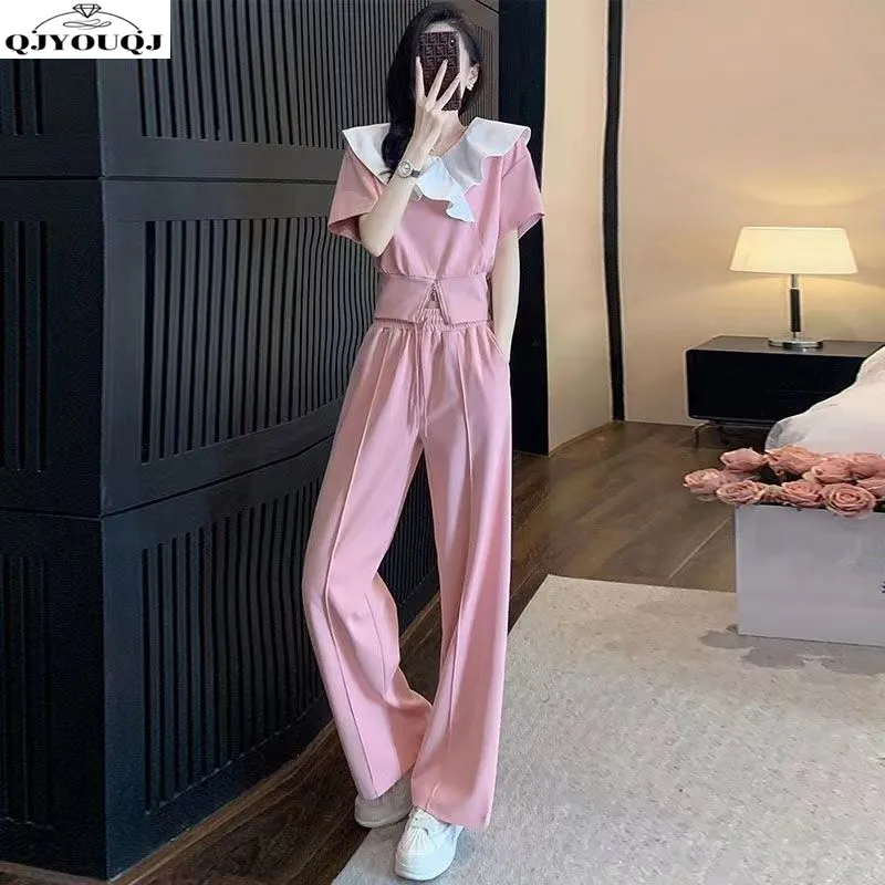 

Leisure sports set for women's summer new style Korean slim fit short sleeved top+fashionable wide leg pants two-piece set