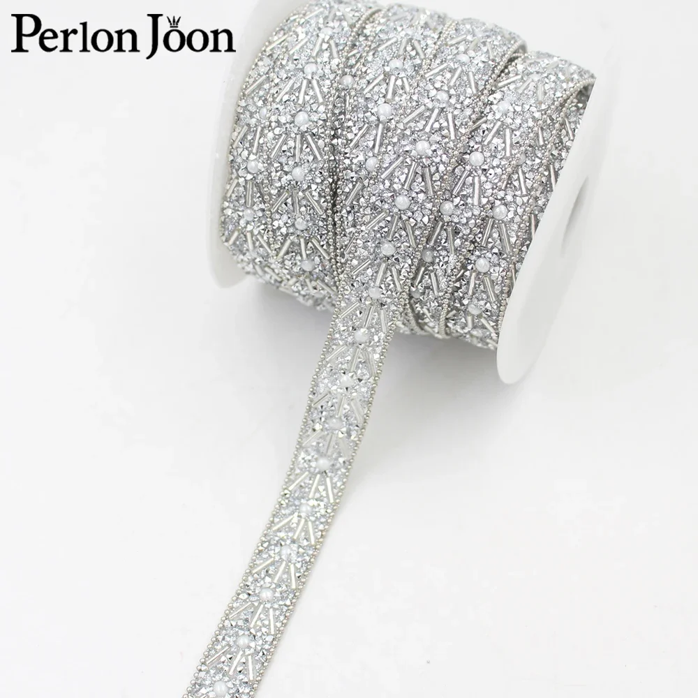 width 18mm silver pearl chain crystal hot fix rhinestone trim tape iron on webbing clothing bags shoes craft decoration TR167