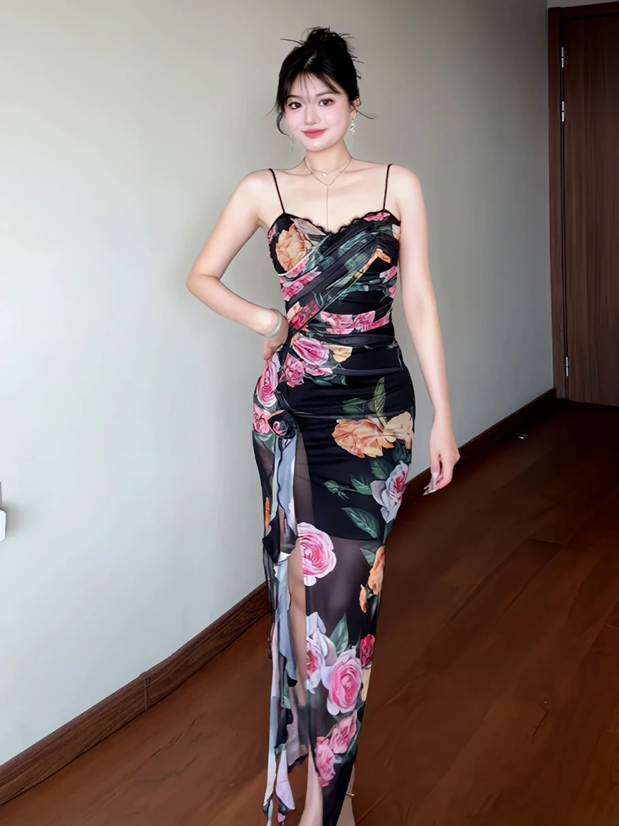 Retro Floral Print ter Dr Women's Slim Fit Summer New Sle Pure Desirable Sexy Long Split Waist Slimming Dr