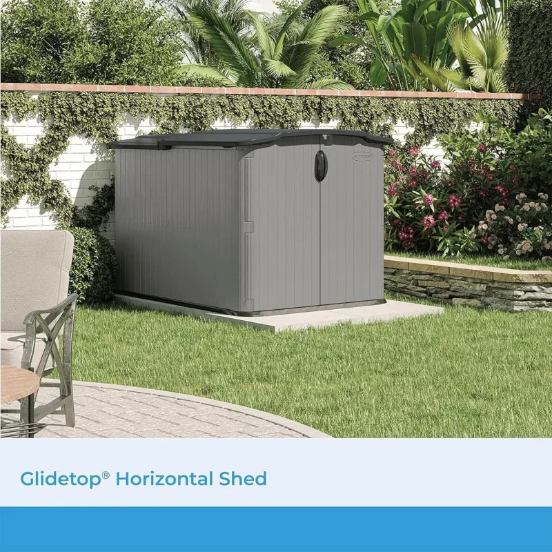 Horizontal Outdoor Storage Shed with Pad-Lockable Sliding Lid and Doors, All-Weather Shed for Yard Storage,