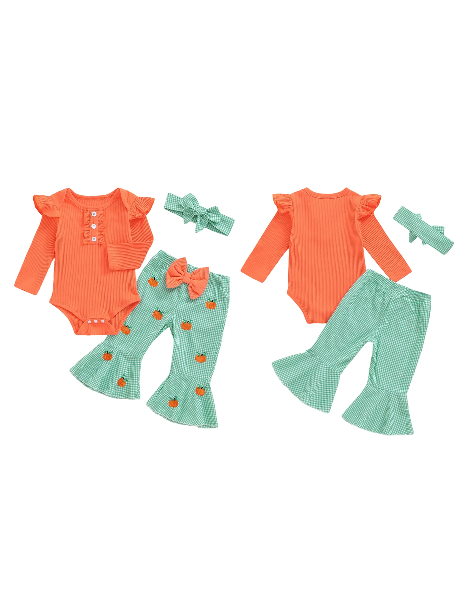 유아 소녀 가을 의류 세트 긴 소매 프릴 롬퍼 호박 자수 바지 및 어울리는 머리띠 - 신생아