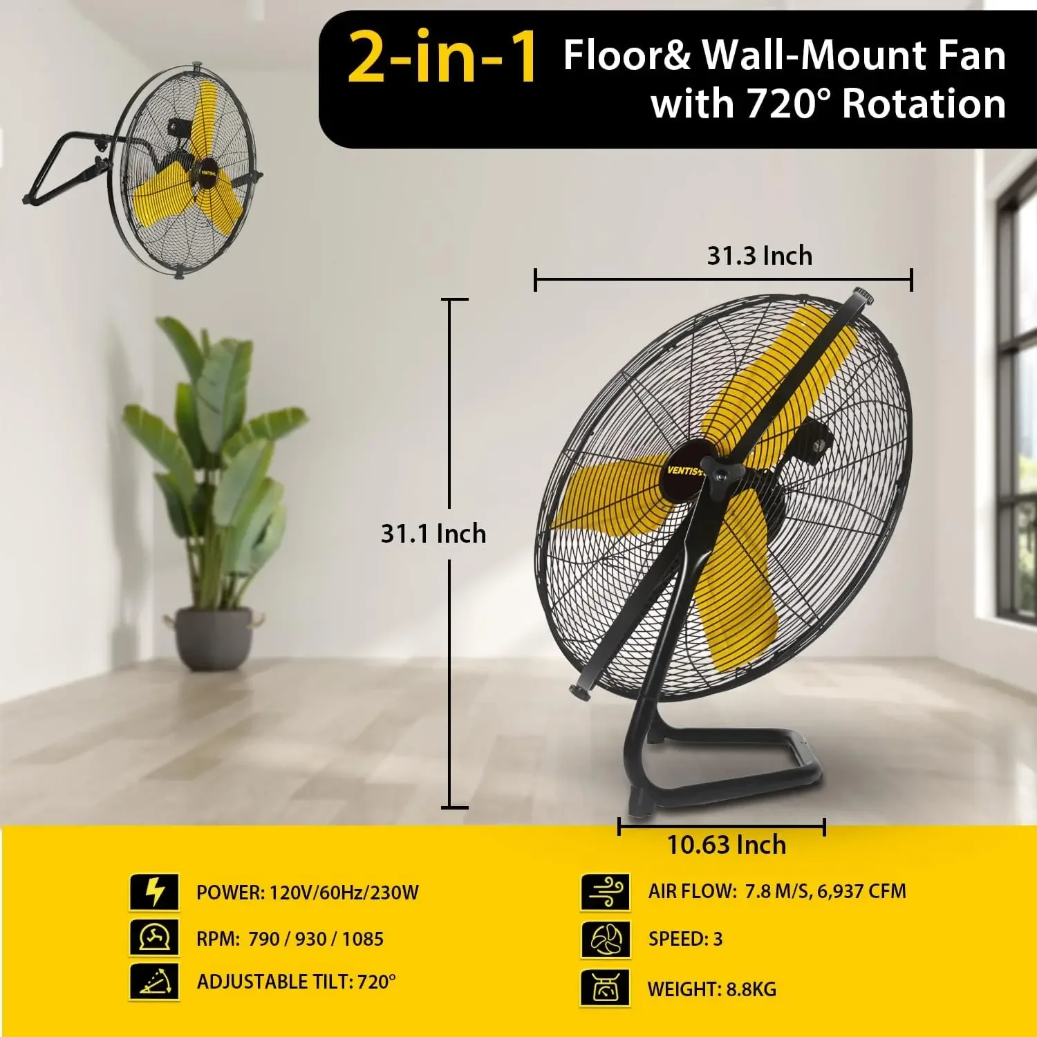24 Inch Industrial Wall Mount Fan, 720° Tilting Heavy-duty Fan, 6937 CFM 3-Speed High Velocity Heavy-duty Floor Fans for Garage,