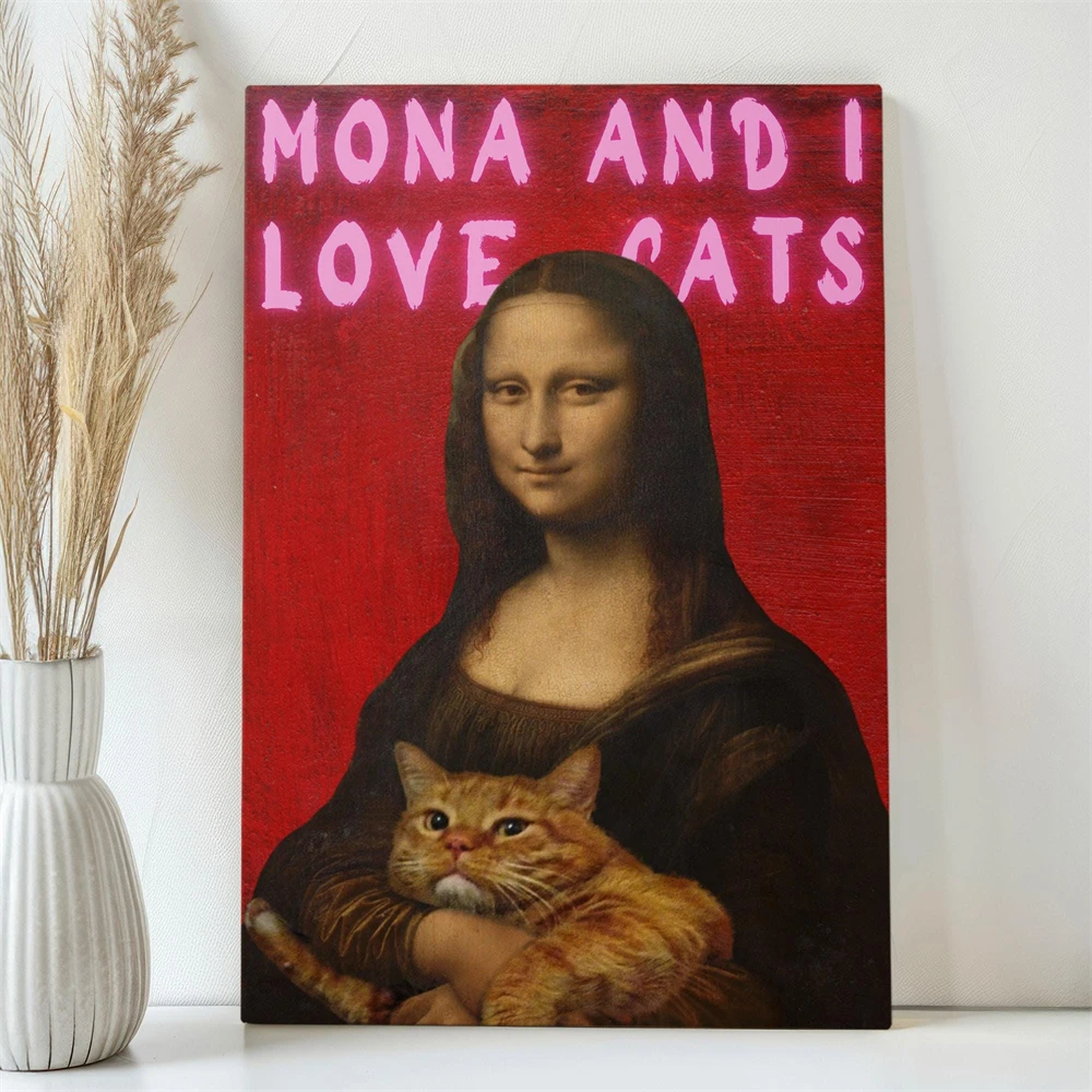 Altered Mona Lisa with a Cat Wall Art Poster Canvas Painting Girly Altered Vintage Art Prints Pink Print Funny Art Aesthetic Art