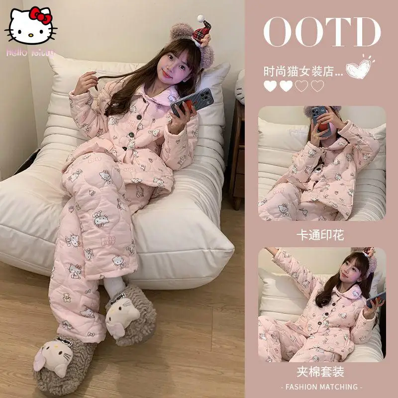 

Sanrio утолщенный хлопковый детский комплект одежды для сна для девочек, домашняя одежда, зимняя детская одежда, домашний костюм с рисунком Hello Kitty Kawaii