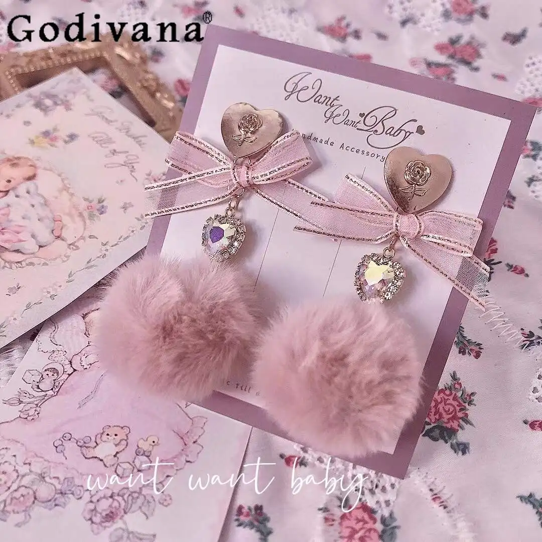 Japanese Mine Pink Lolita Earrings Girly Sweet Cute Fashion Bow Heart Wool Ear Clip Women Elegant All-Match Kawaii Ear Clip