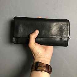 Portefeuille Vintage en cuir véritable de haute qualité pour hommes, long, Simple et décontracté, pochette universelle en cuir de vache noire