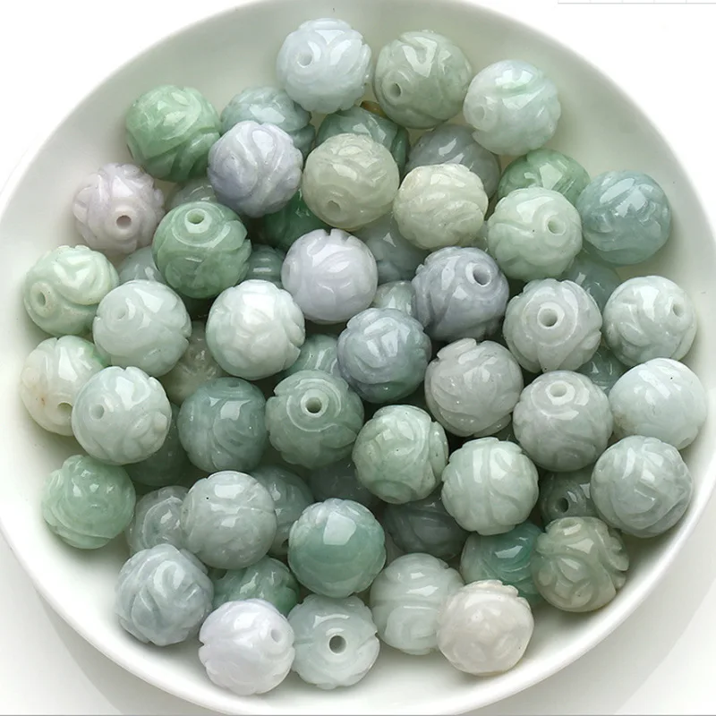 

Natural Myanmar jadeite handcarved round beads DIY 100% real jade bracelets necklace jade accessories septa scattered beads