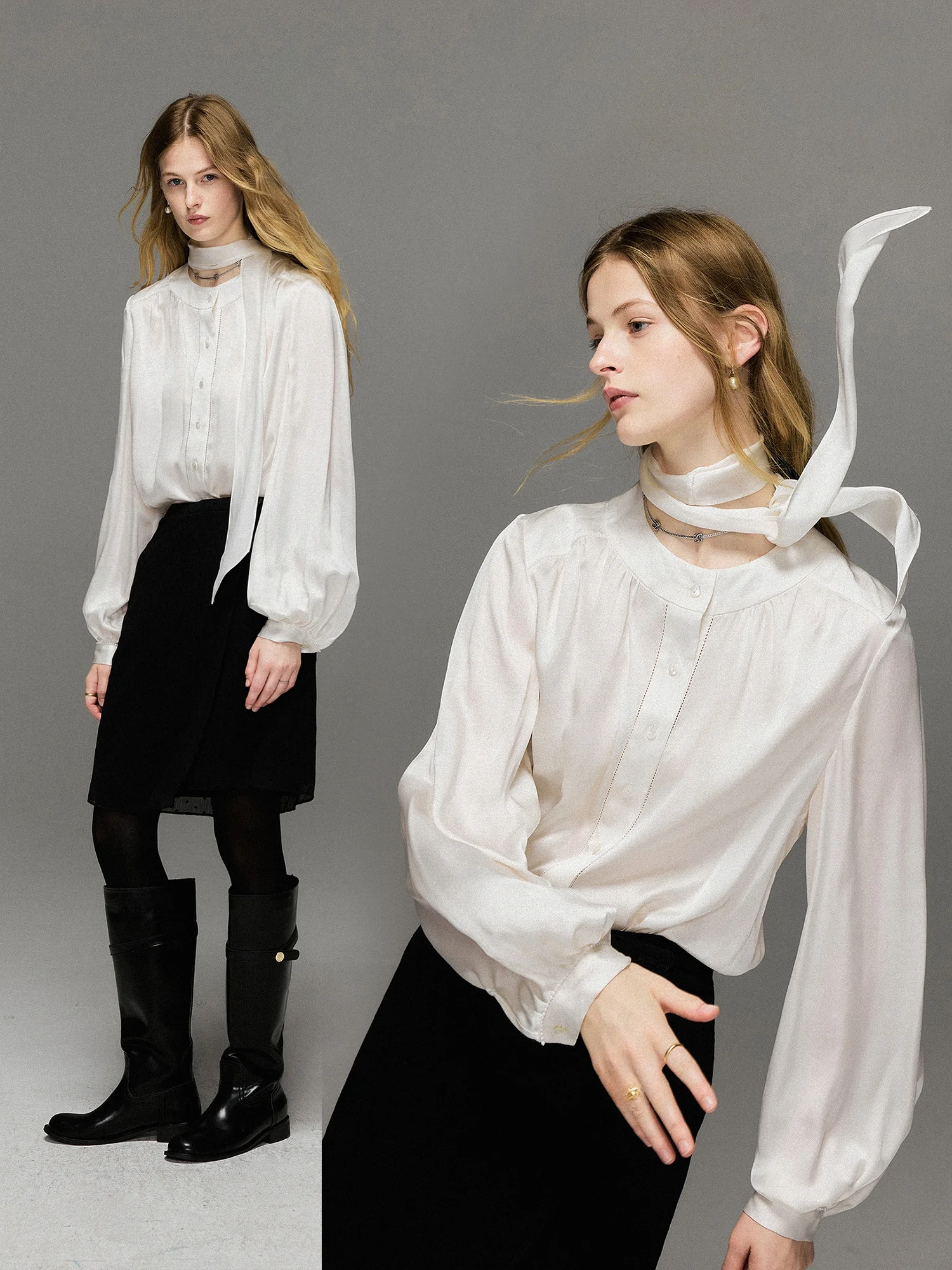 

Шелковая атласная блузка Ele с жемчужным декором, универсальный драпированный дизайн, повседневная, с длинным рукавом, круглым вырезом, женская рубашка