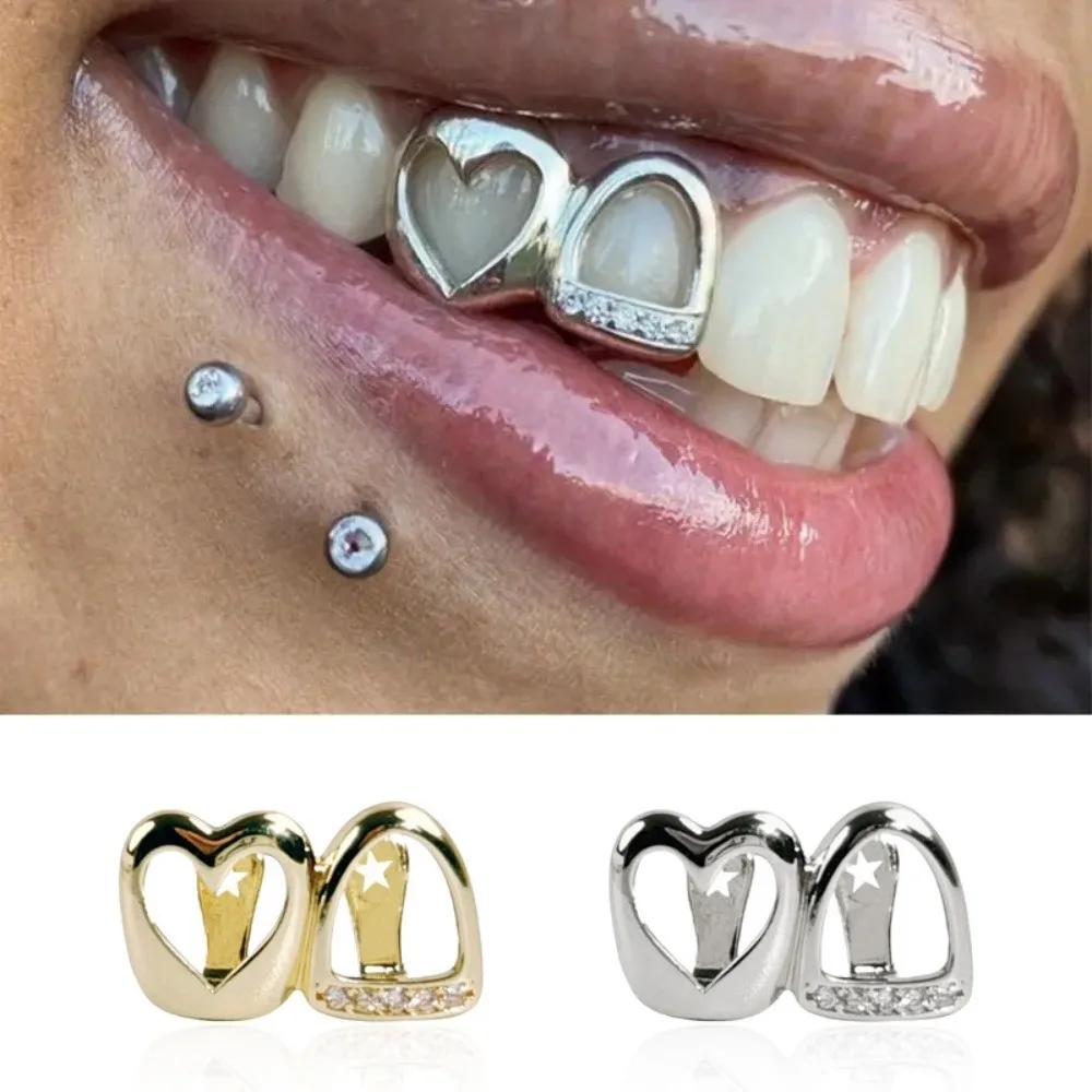 New Gold Color Hip Hop Tooth Grillz Shiny Zircon Copper Dental Grillz Double Heart Hollow Heart Tooth Jewelry Punk Style