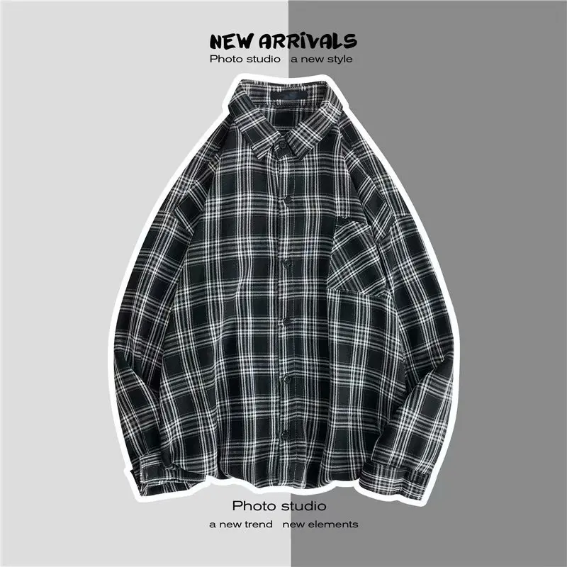 Long Sleeve Men's Shirt Loose Casual Outerwear Trendy Plaid Couple Workwear Polyester Fiber Non-Shrinking Spring Autumn