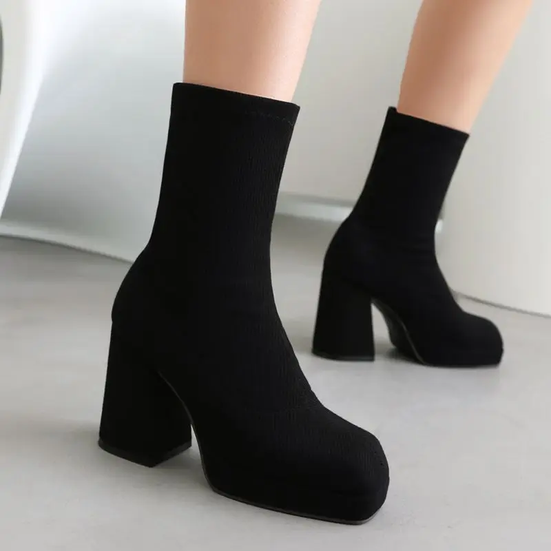 REAVE CAT Women Stretch Boots Square Toe Block Heels 9cm Platform Slip On Plus Size 45 46 47 Korea Fashion Dating Mid Calf Bota