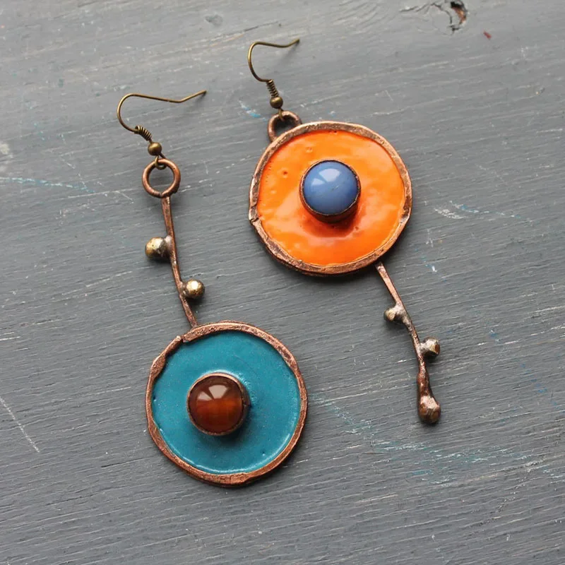 Tribal Round Red Black Oil Dripping Earrings Retro Jewelry Silver Color Metal Handmade Dangle Earrings Women Gift