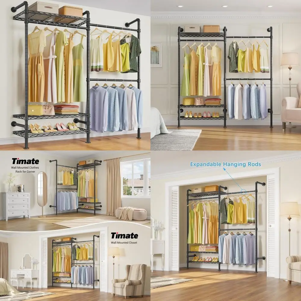 

Раздвижная настенная вешалка для одежды повышенной прочности для хранения и организации вещей, черная регулируемая система для гардероба