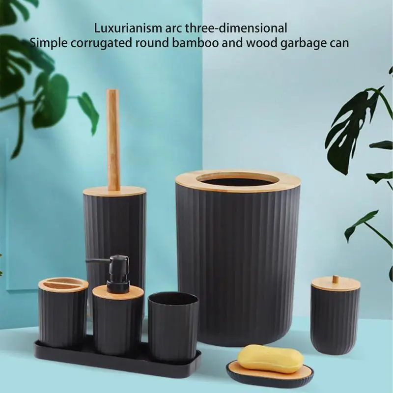 ชุดอุปกรณ์ห้องน้ำ7ชิ้นประกอบด้วย Bin แปรงห้องน้ำถังขยะเครื่องจ่ายสบู่เหลวแปรงสีฟันถ้วยจานสบู่ผู้ถือ Q-Tip ผู้ถือ