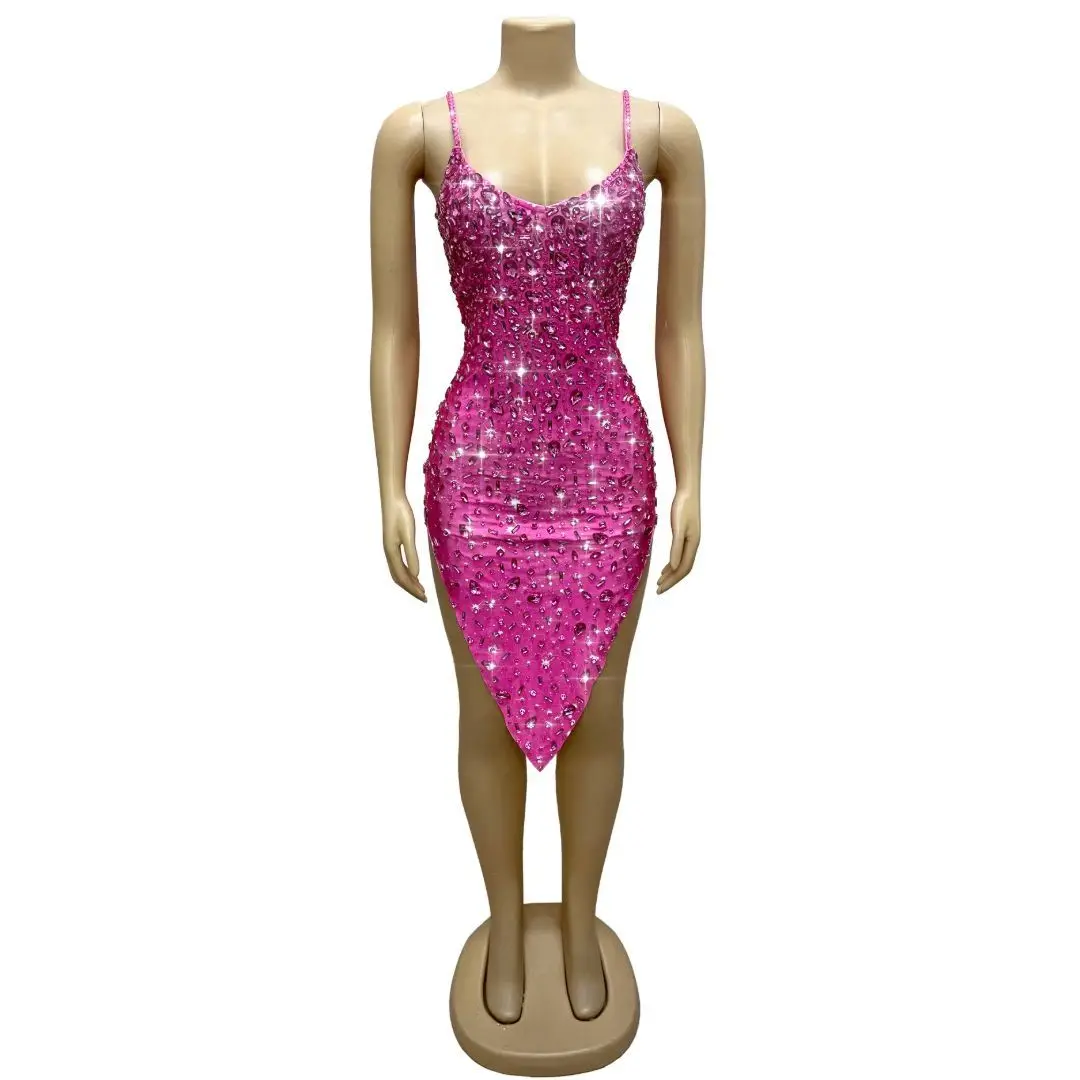 

Xingshanshan Womens Hot Pink Rhinestone Spaghetti Strap V Neck Bodycon Asymmetrical Hem Mini Dress for Party and Club Events