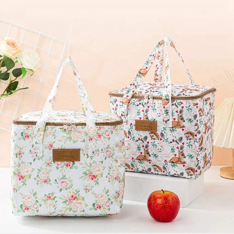 BYMONDY Square Large Cooler Bag for Women Floral Lunch Bags Picnic Food Meal Storage Container Family Party Lunch Box Portable