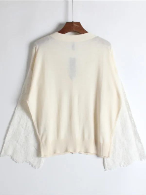 Cardigan aperto lavorato a maglia lungo sottile Sve colore puro versione ampia V Ne pizzo splicing oulderl abbigliamento donna di inizio autunno