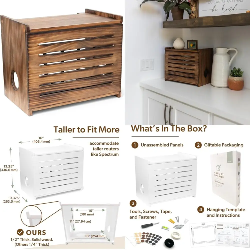 صندوق تخزين راوتر واي فاي خشبي ريفي مع حامل على الحائط وإدارة الكابلات لإخفاء المودم المزخرف