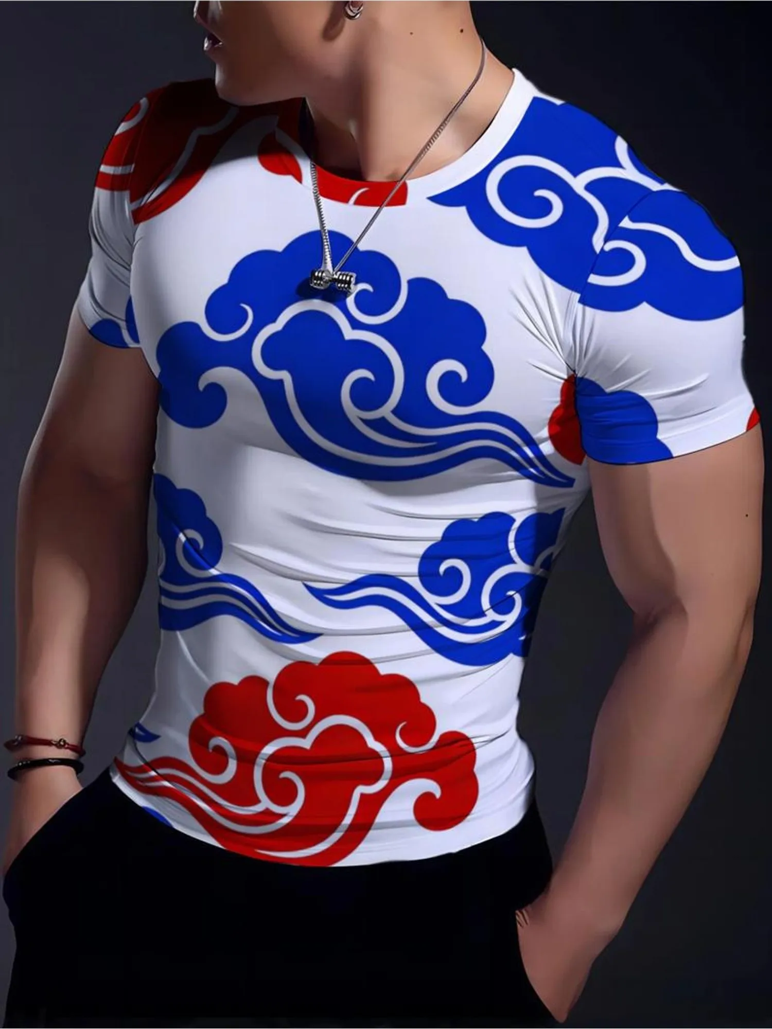 Men High Elastic Quick Dry Sports Compression Shirt Chinese Red Blue Auspicious Cloud Print Short Sleeve Gym Running Workout Top