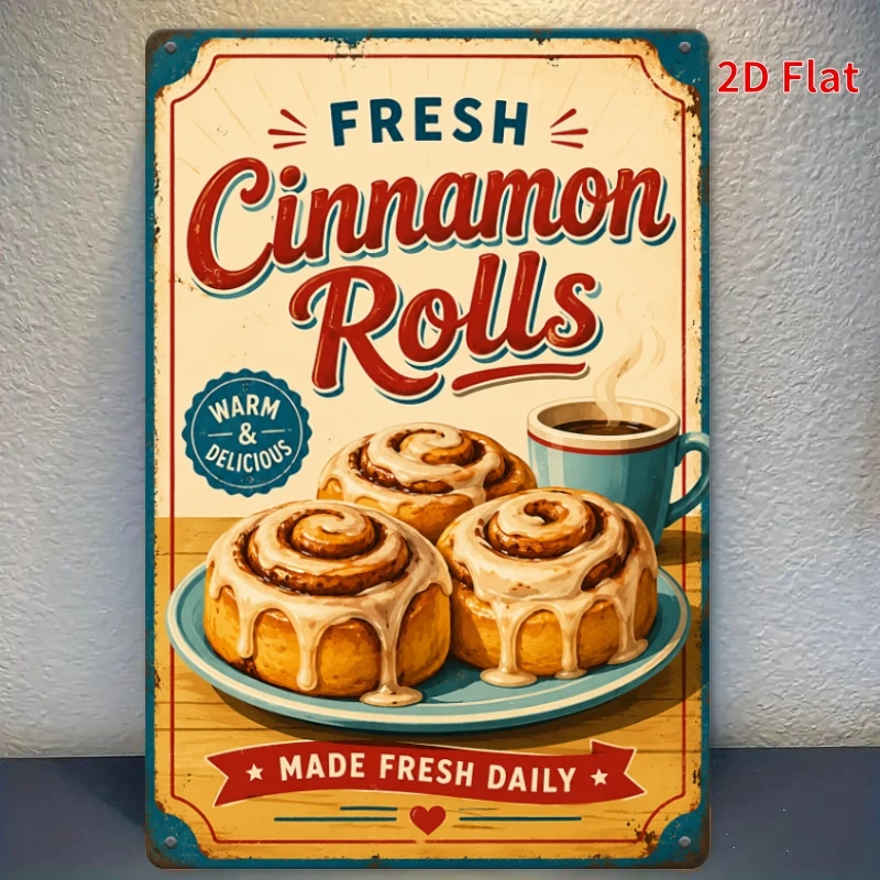 2D Flat, [2Dflat], 1pc 30x20cm- Kitchen Decorative Signs, Fresh Cinnamon Rolls Vintage Bakery Tin Plaque, Retro Metal Wall Si