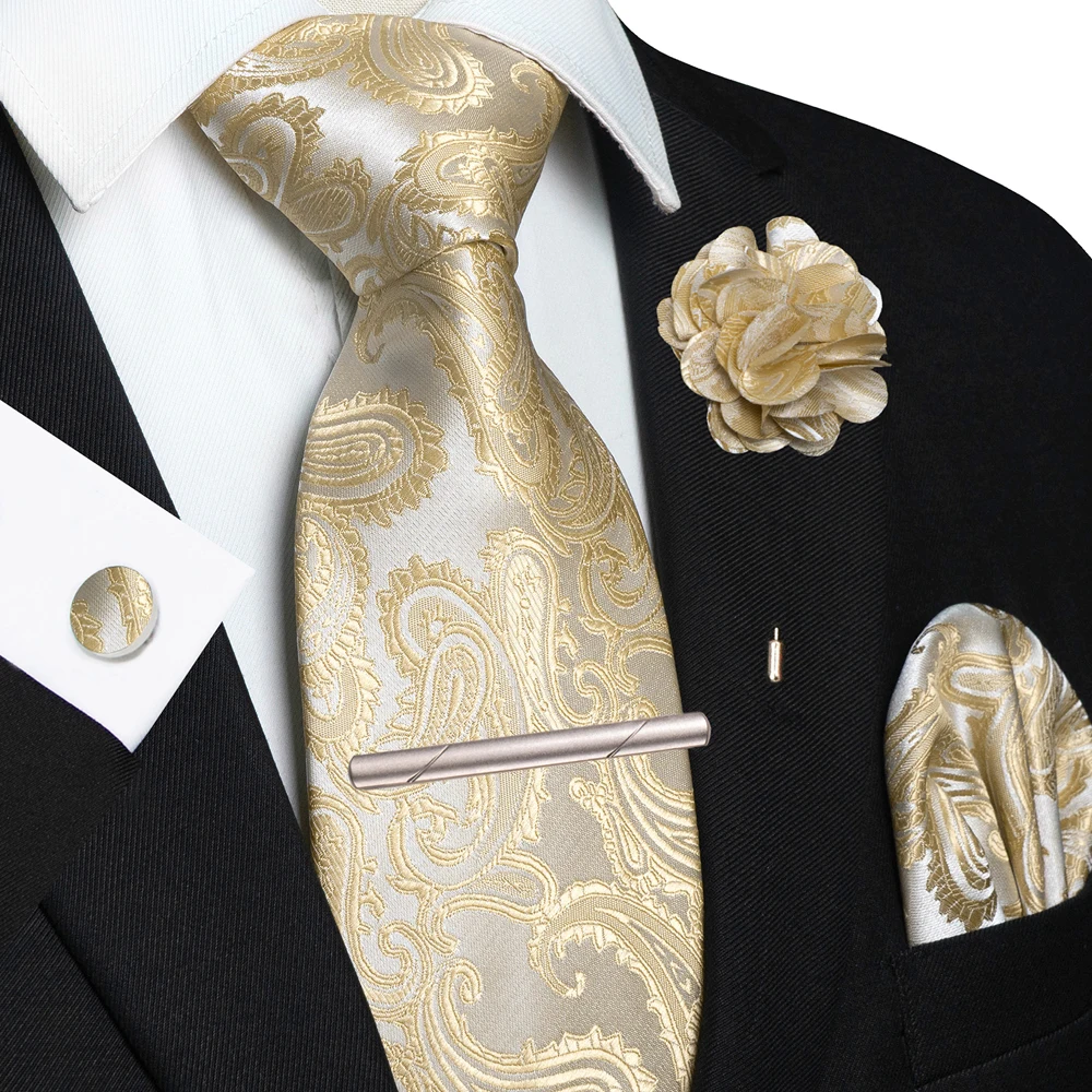 Männer Krawatten Paisley Gewebte Krawatte Set Einstecktuch Manschettenknöpfe Brosche Krawatte Clip für Hochzeit Party Bräutigam Zubehör Geschenk 5PCS – Detail 9