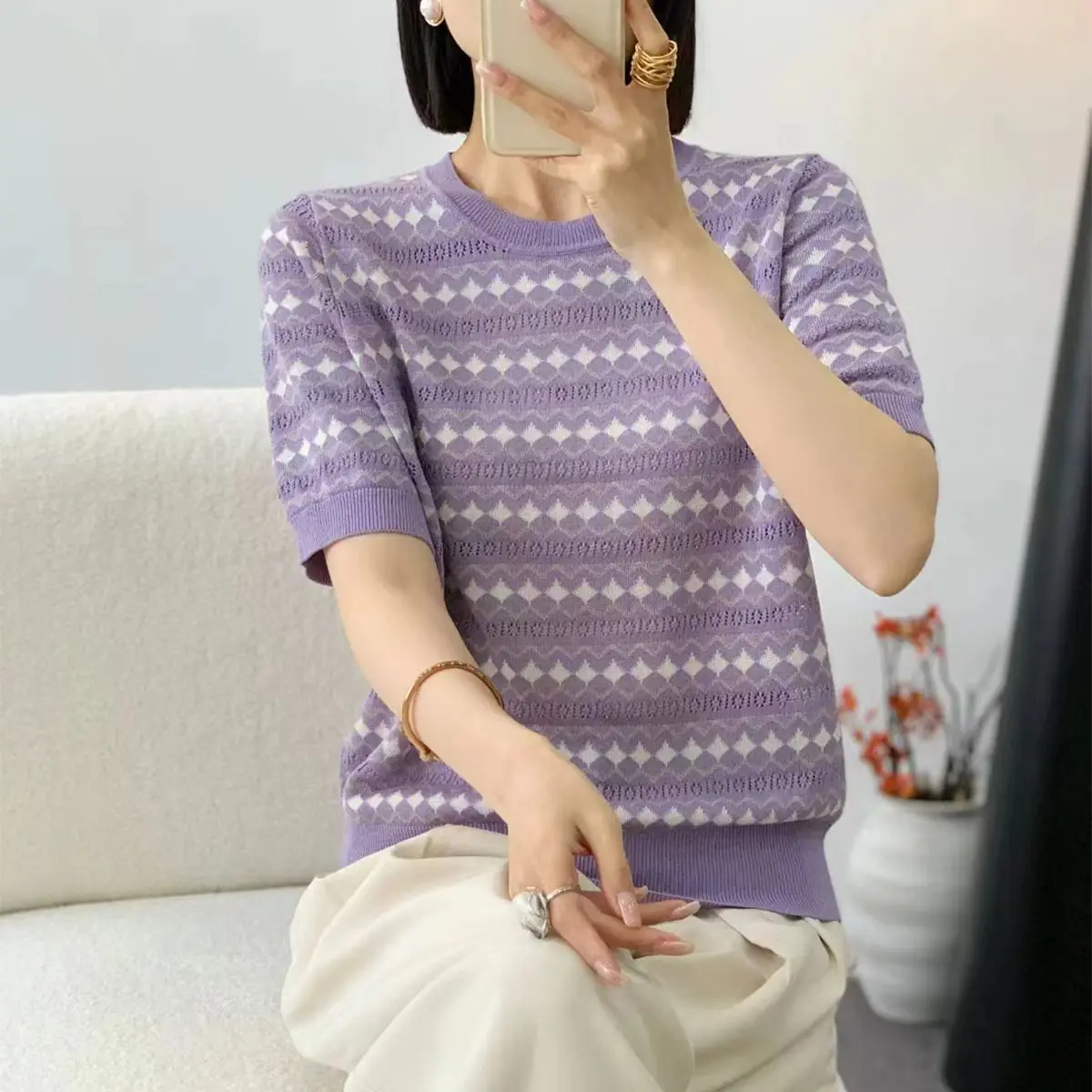 

Полосатая женская летняя футболка, винтажная футболка с коротким рукавом, корейская мода, с круглым вырезом, повседневные вязаные топы из ледяного шелка 2025 года, Z873